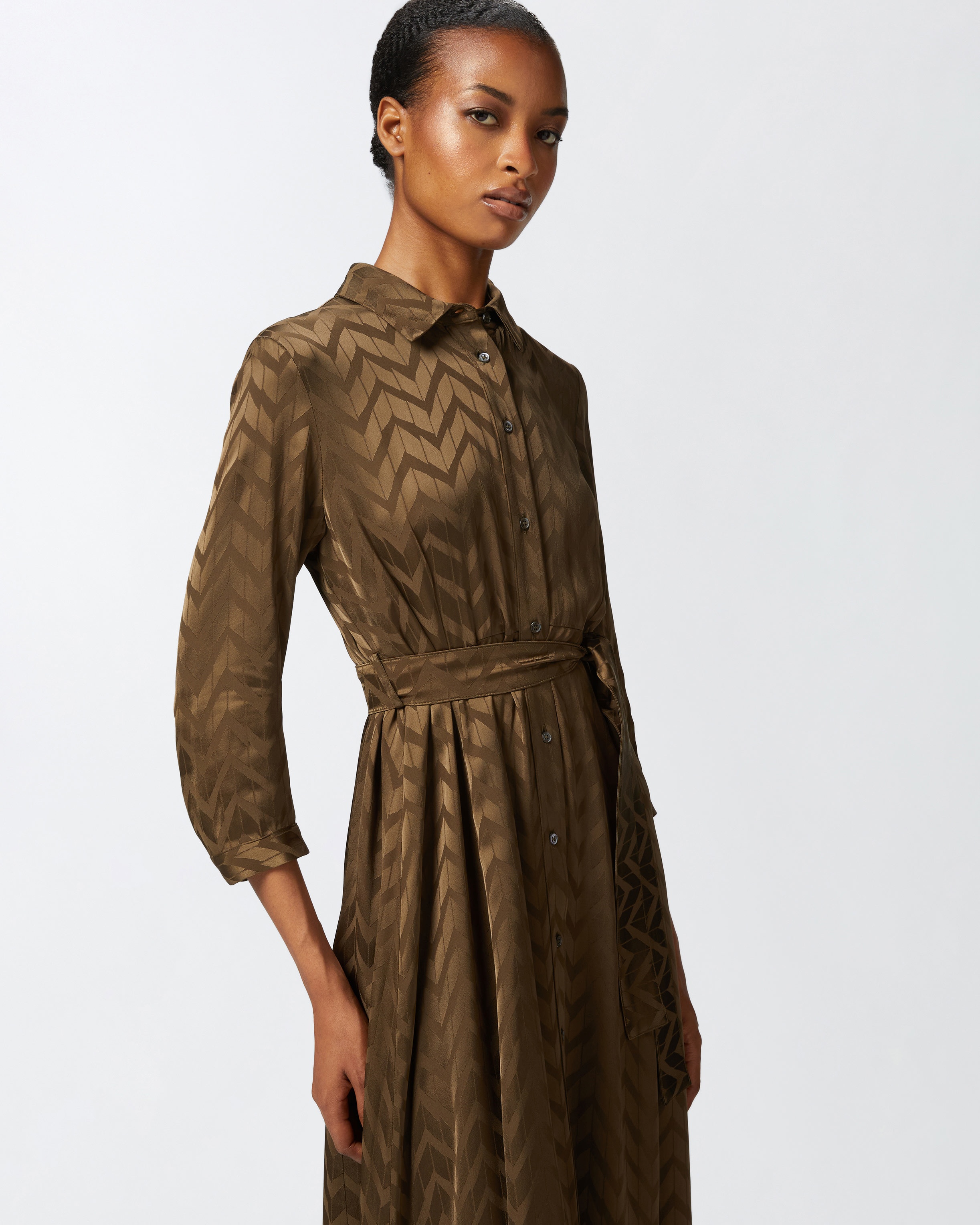 LONG HERRINGBONE SATIN SHIRT DRESS - 5
