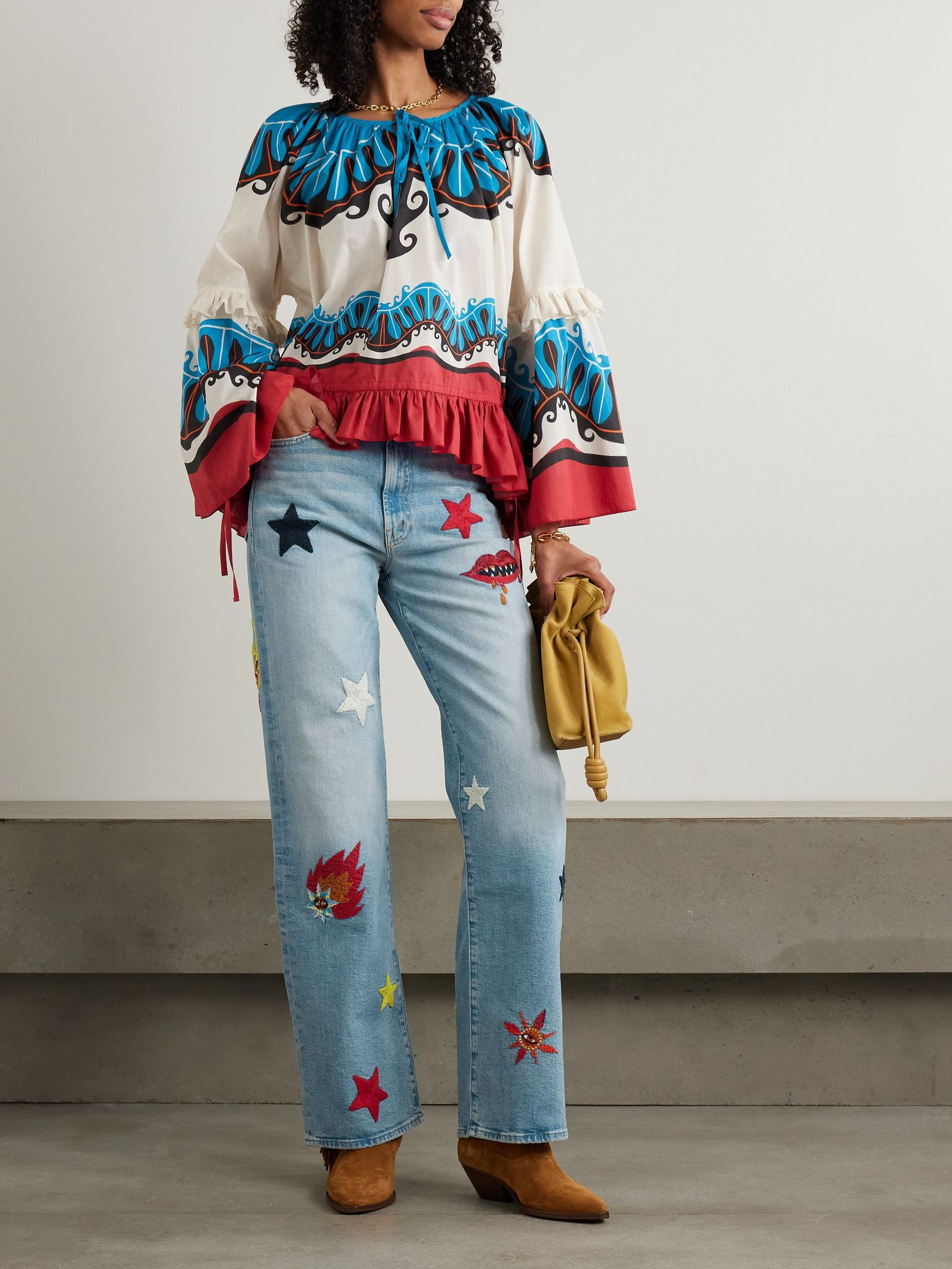 + MOTHER Boho tie-detailed printed cotton peplum blouse Blue - 2