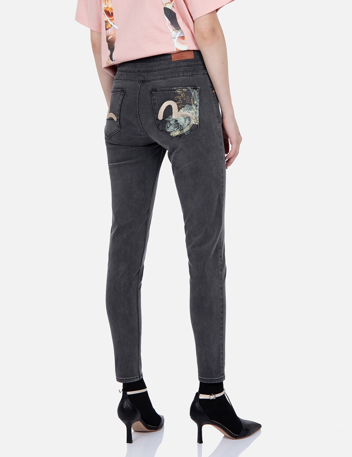 KOI PRINT AND SEAGULL EMBROIDERY SUPER HIGH-WAIST SKINNY JEANS - 7