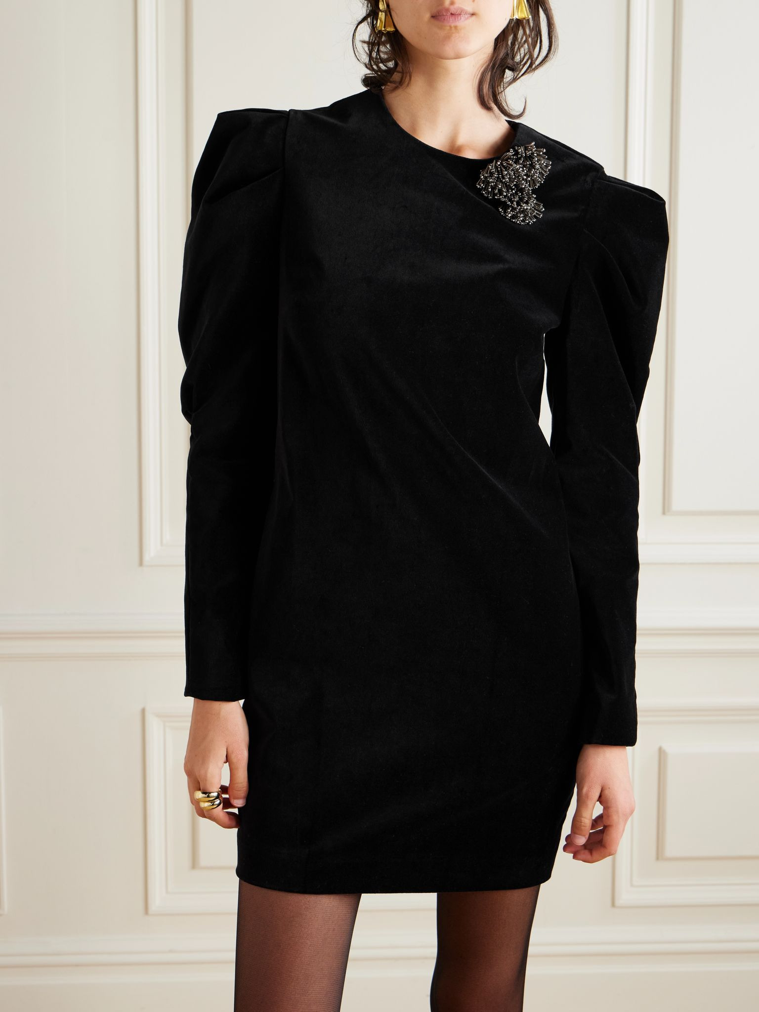Danee embellished cotton-velvet mini dress Black - 3