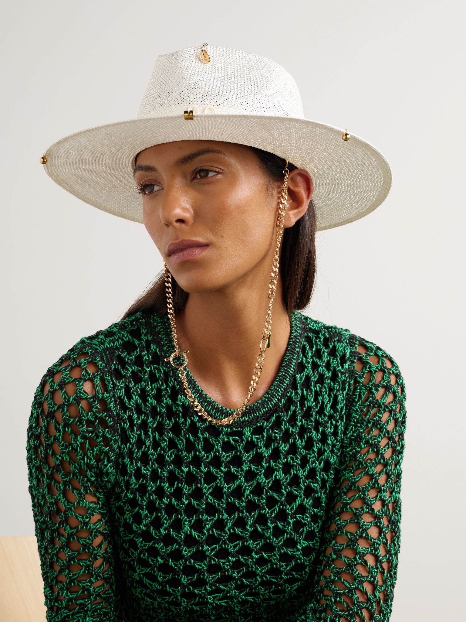 Embroidered embellished cotton-trimmed straw fedora Off-white - 2