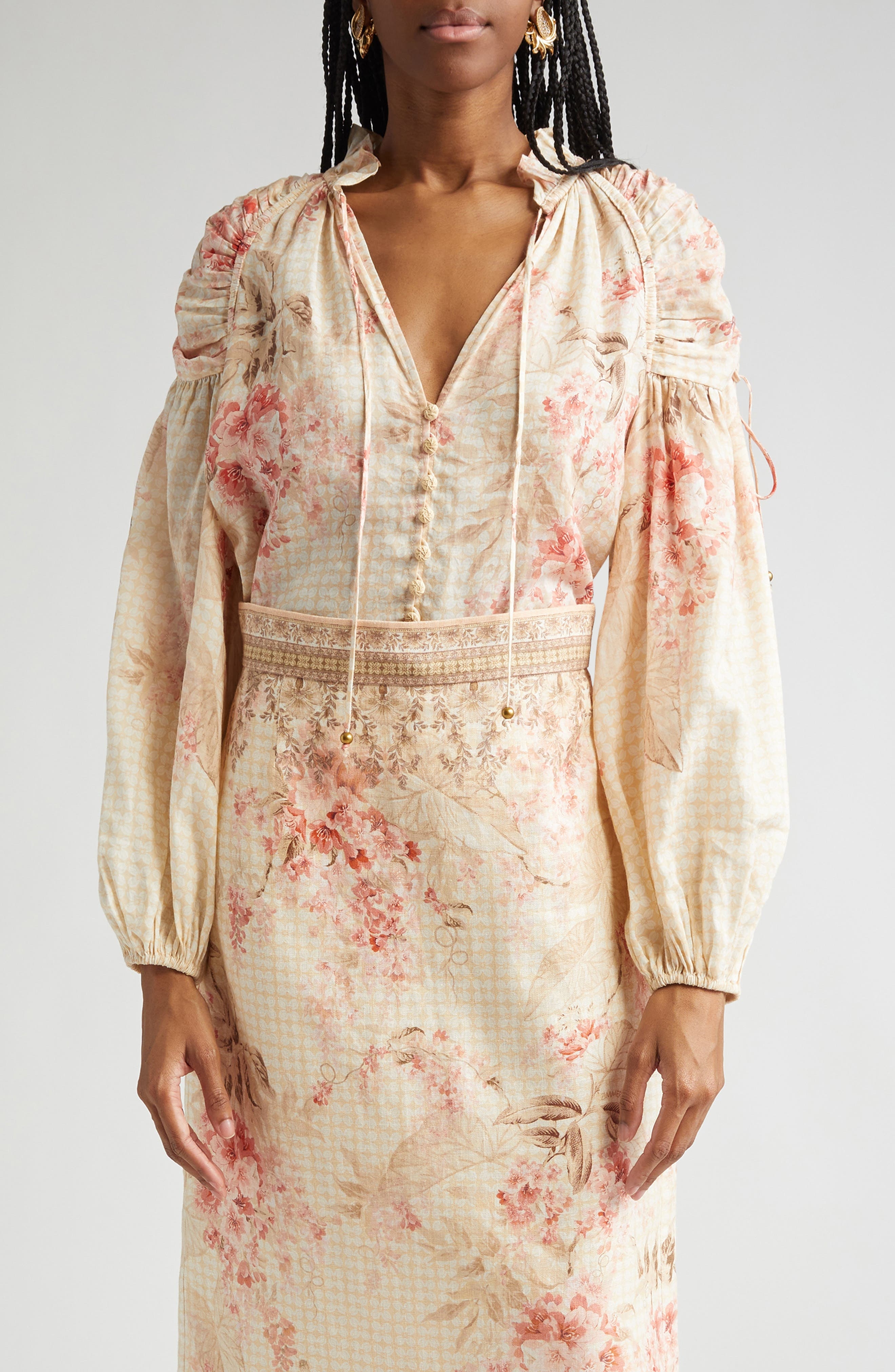 Zimmermann Tropical Floral Billow Ramie Shirt in Coral Floral at Nordstrom - 1