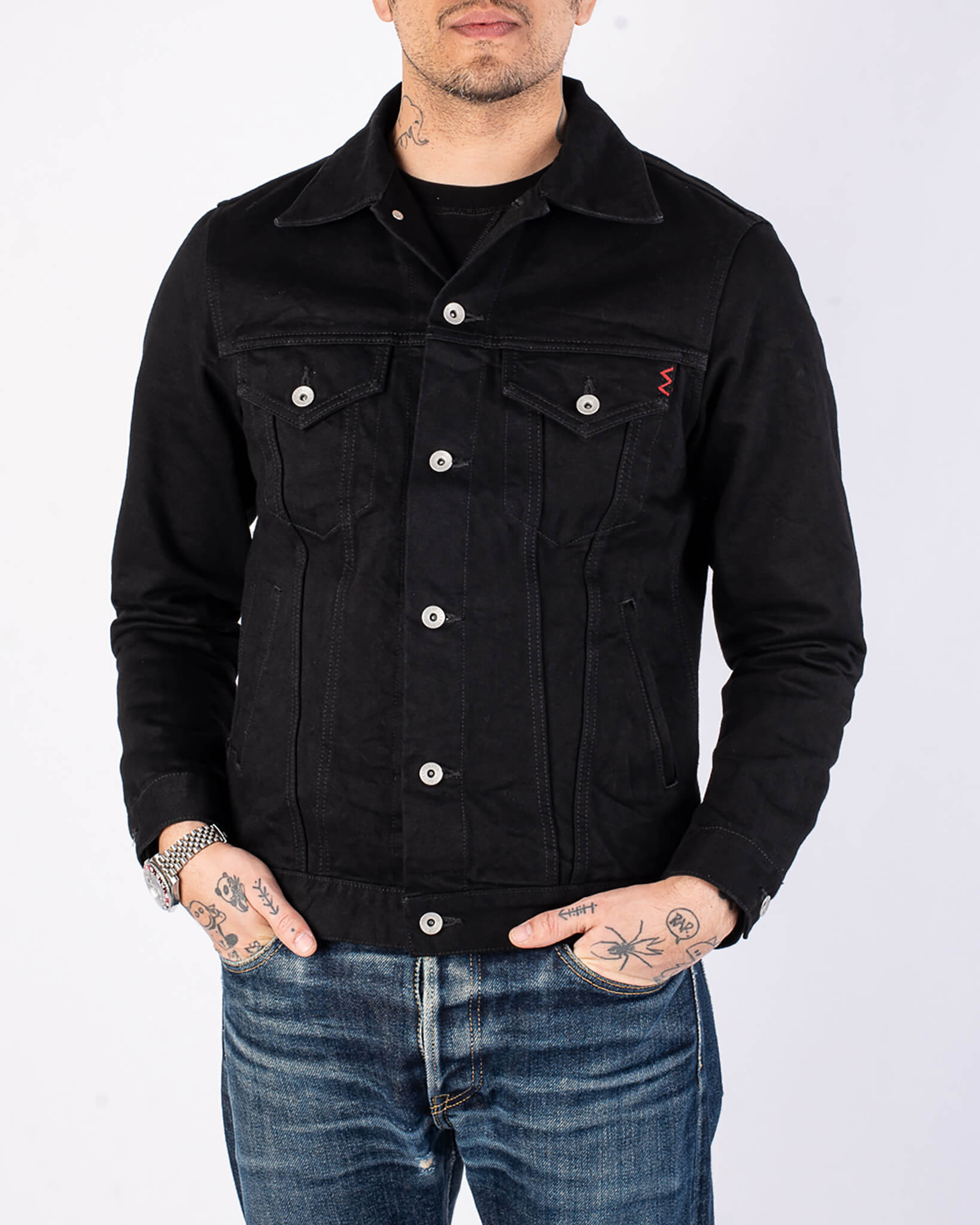 IHJ-86-BLK 14oz Selvedge Denim Modified Type III Jacket -  Black/Black - 2