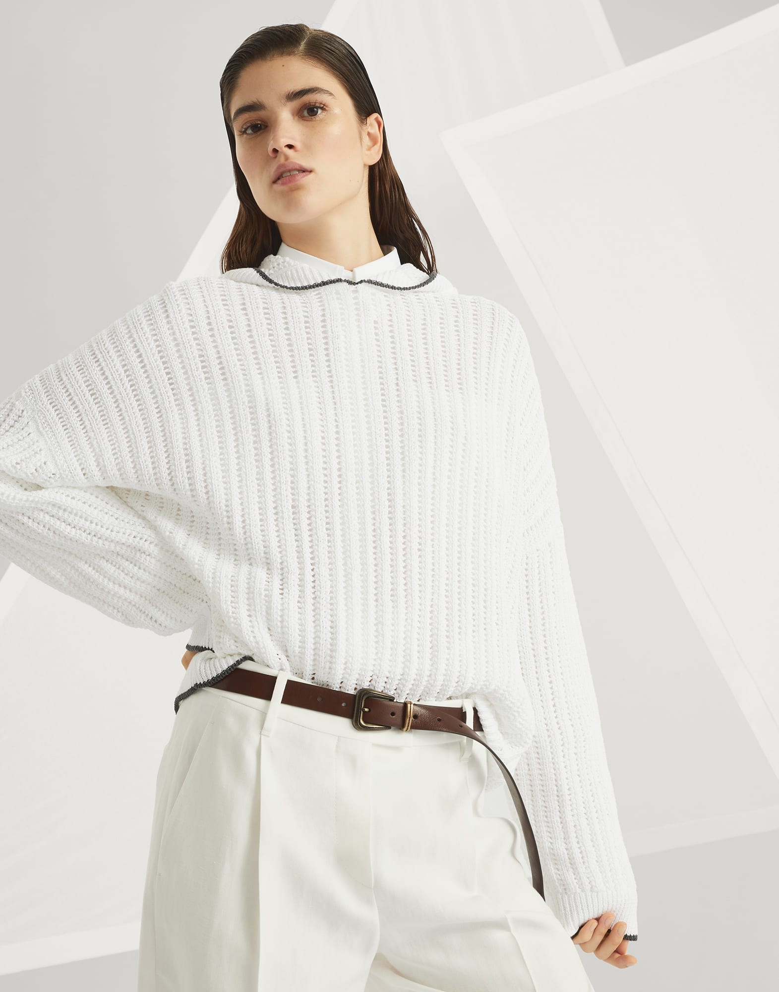 Openwork rib knit hooded sweatshirt in cotton with monili - 4