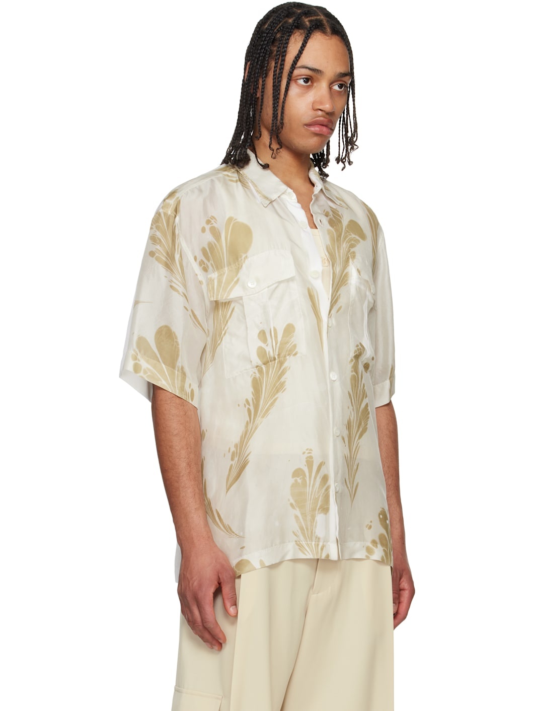 Beige & Off-White Hand Printed Silk Shirt - 2