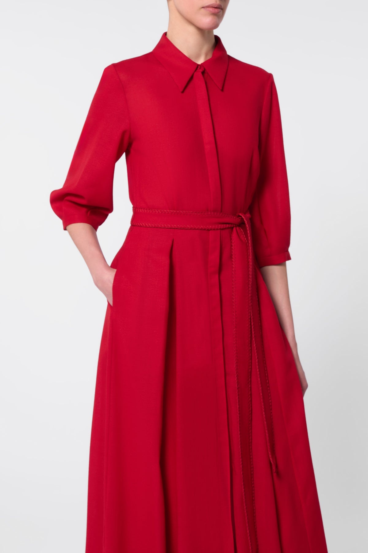 Andy Pleated Shirtdress in Scarlet Red Virgin Wool Gauze - 4