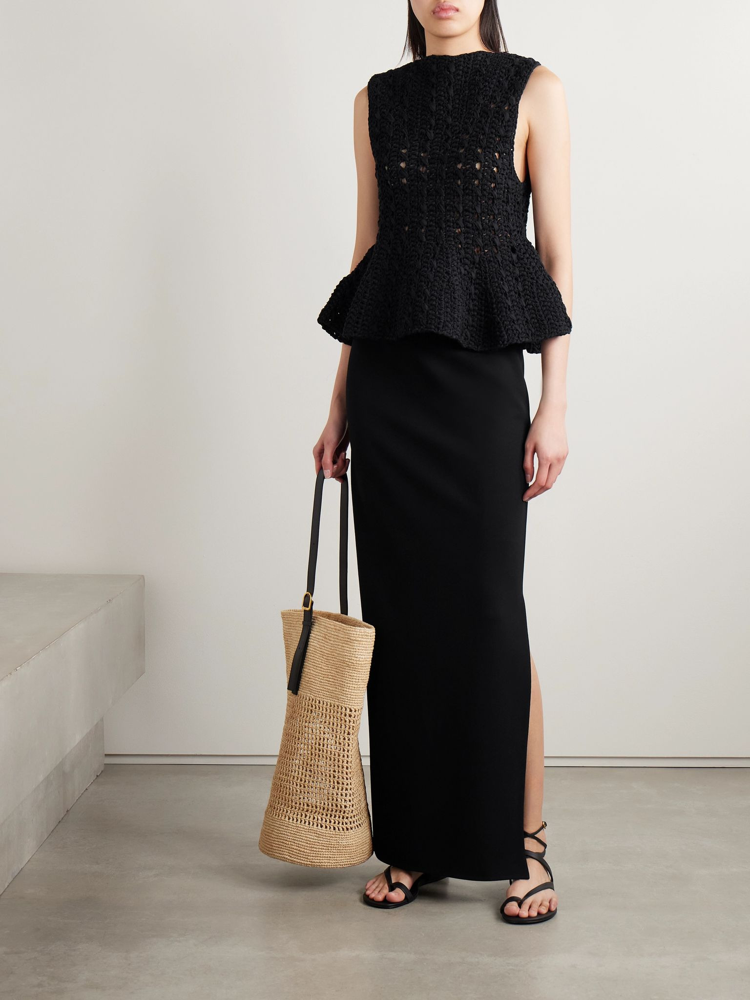 Yuka open-knit cotton-blend peplum tank Black - 2