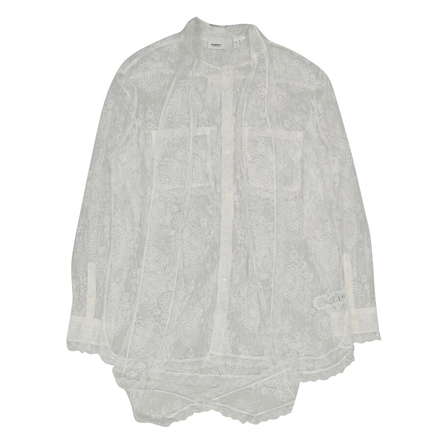 Burberry Optic White Oversized Tie-Neck Chantilly Lace Shirt - 2
