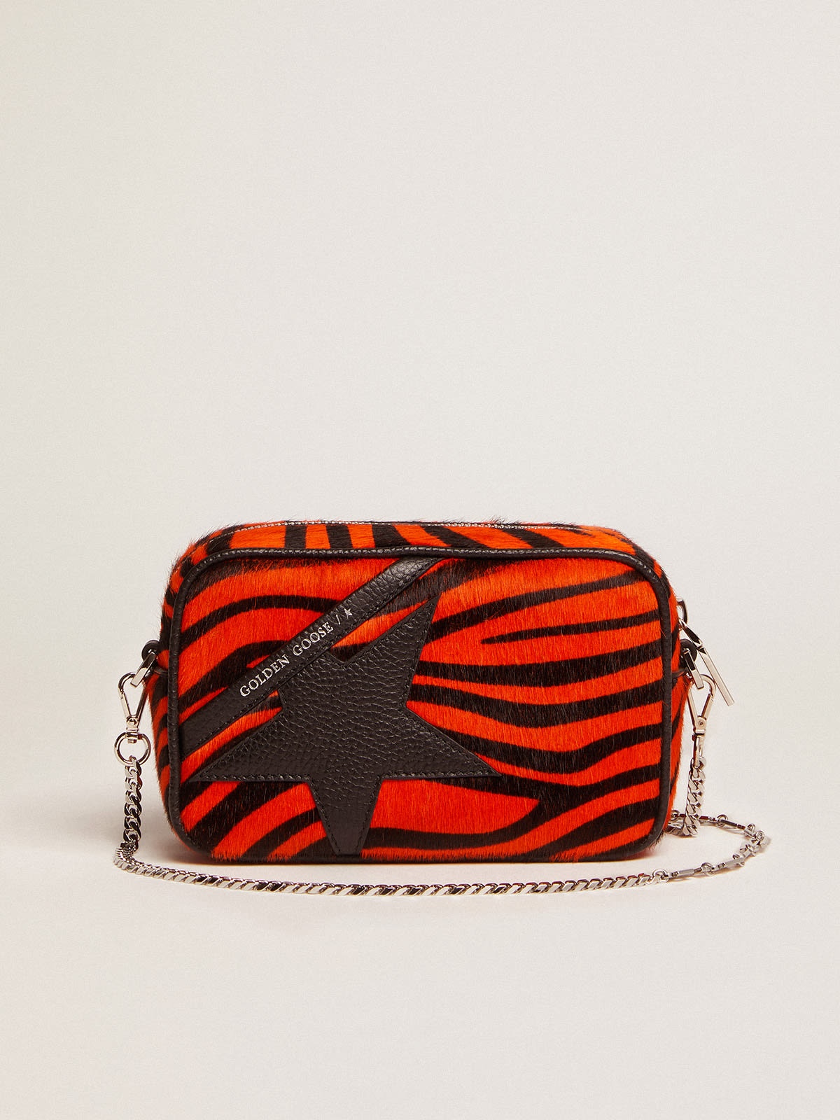 Mini Star Bag in orange tiger-print pony skin with black leather star - 1