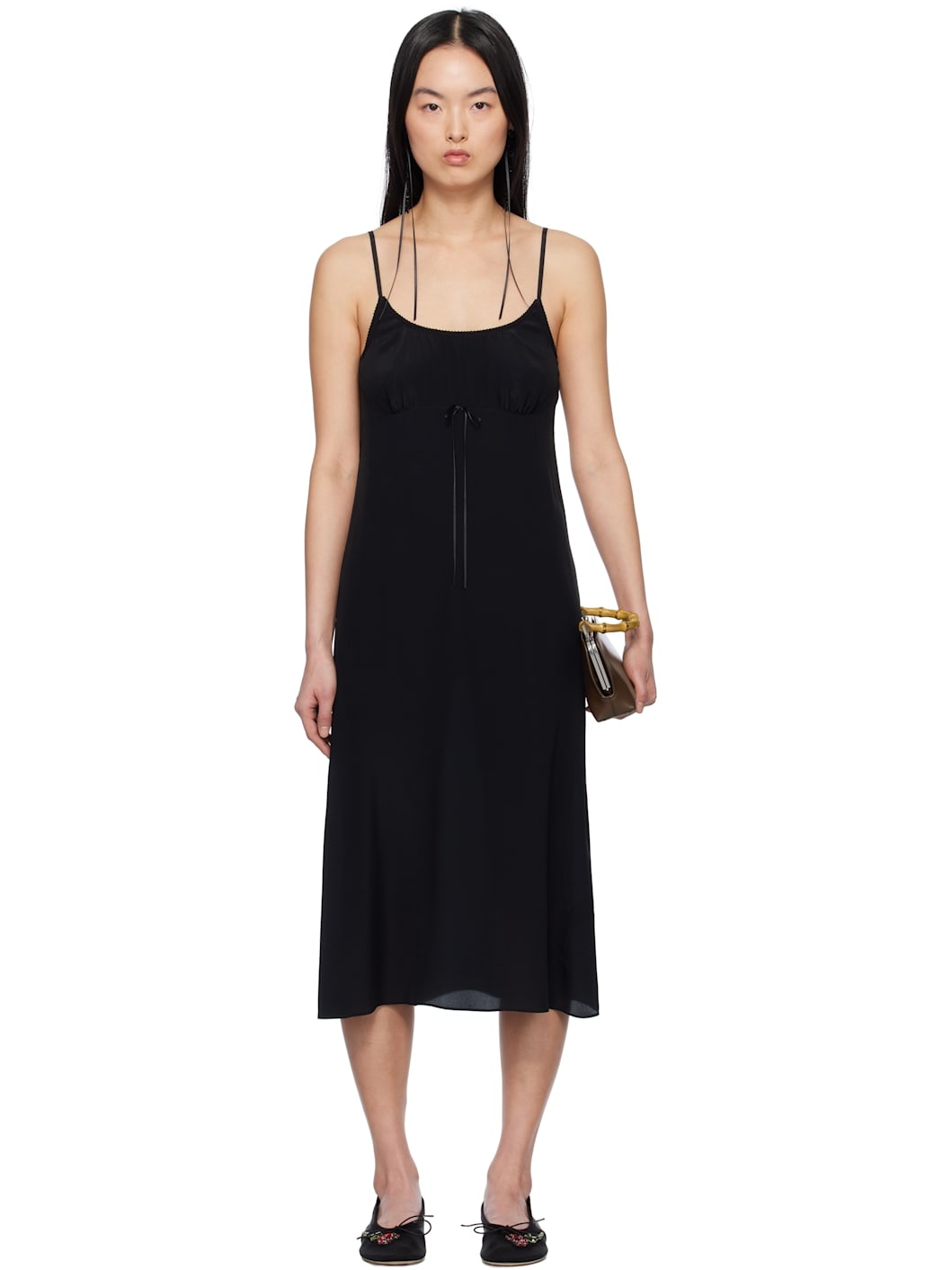 Black Negligee Bow Slip Midi Dress - 1