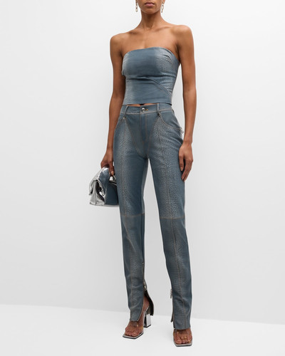 LaQuan Smith Denim-Printed Leather Strapless Crop Bustier Top outlook