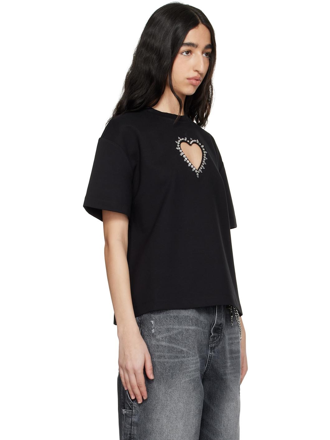 Black Crystal Heart Cutout Relaxed T-shirt - 2