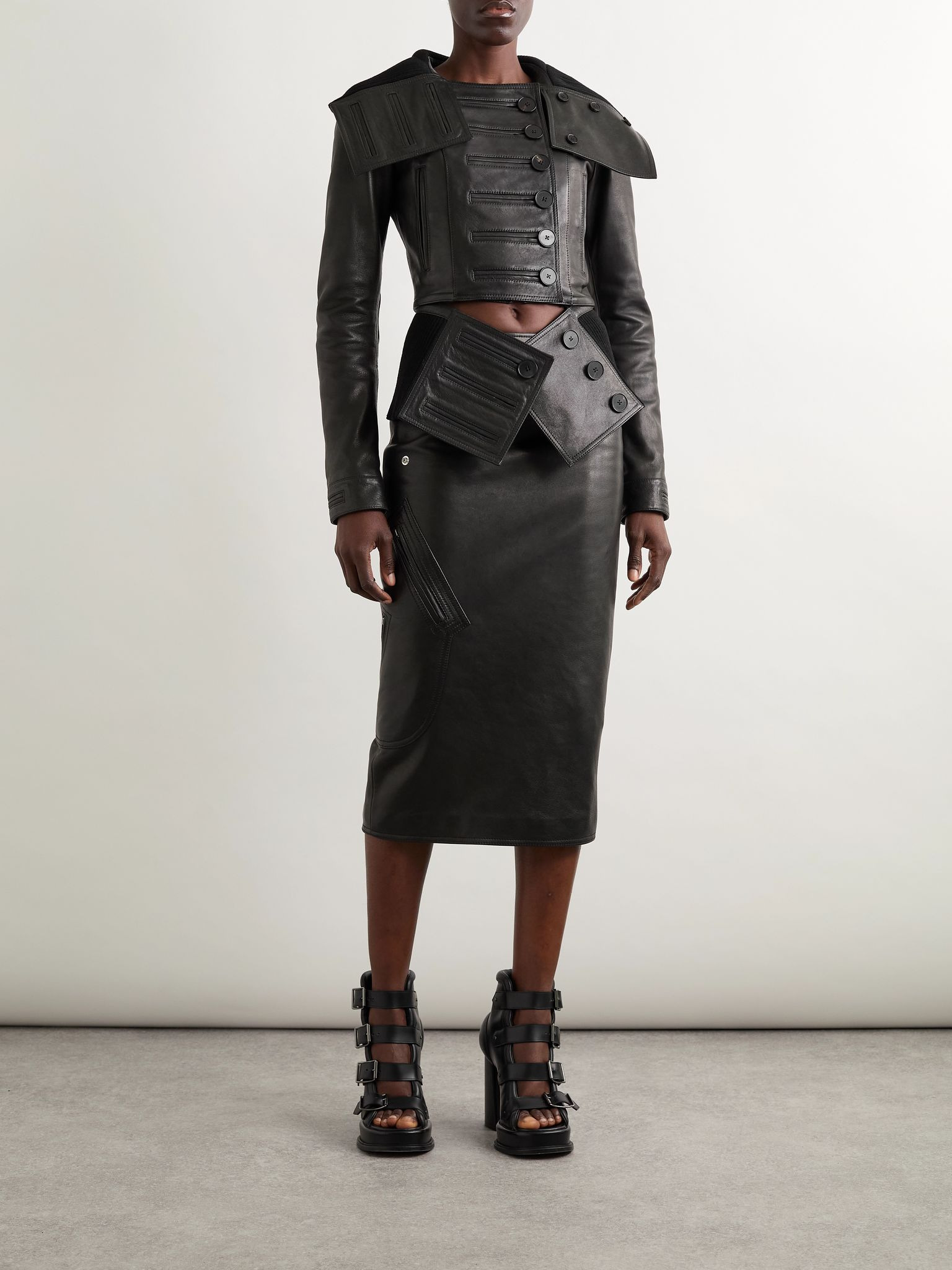 Paneled leather and ribbed cotton-blend jacket Black - 2