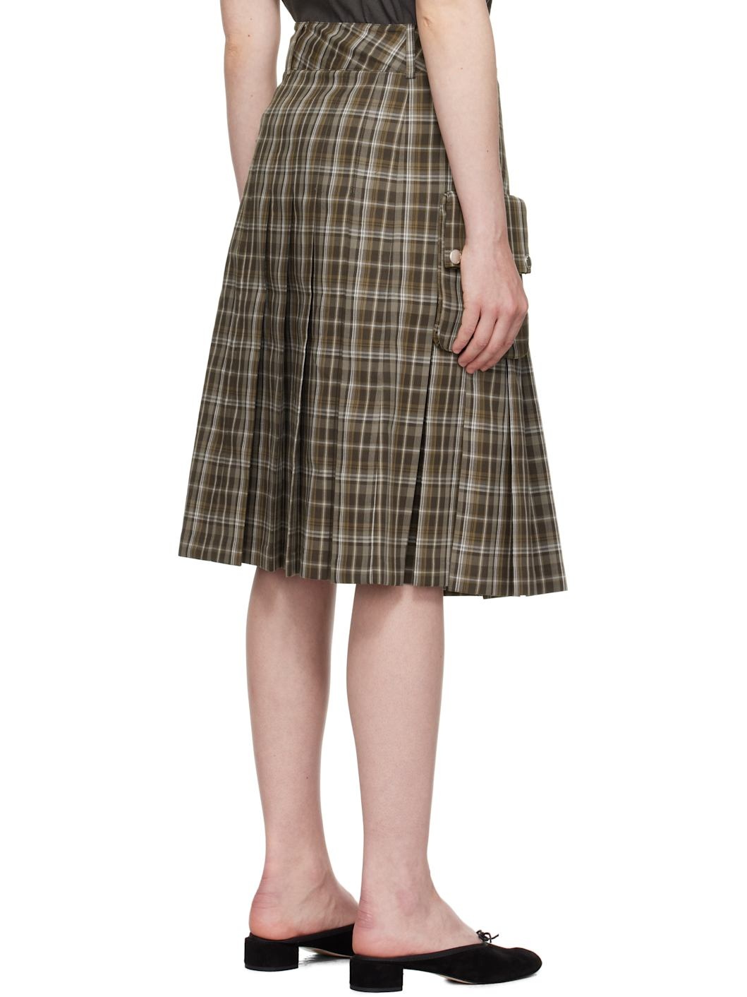 Brown Check Cargo Pocket Kilt Midi Skirt - 3