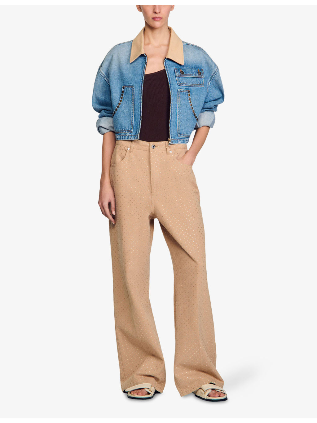 Contrast-Collar Stud-Embellished Cropped Denim Jacket - 2