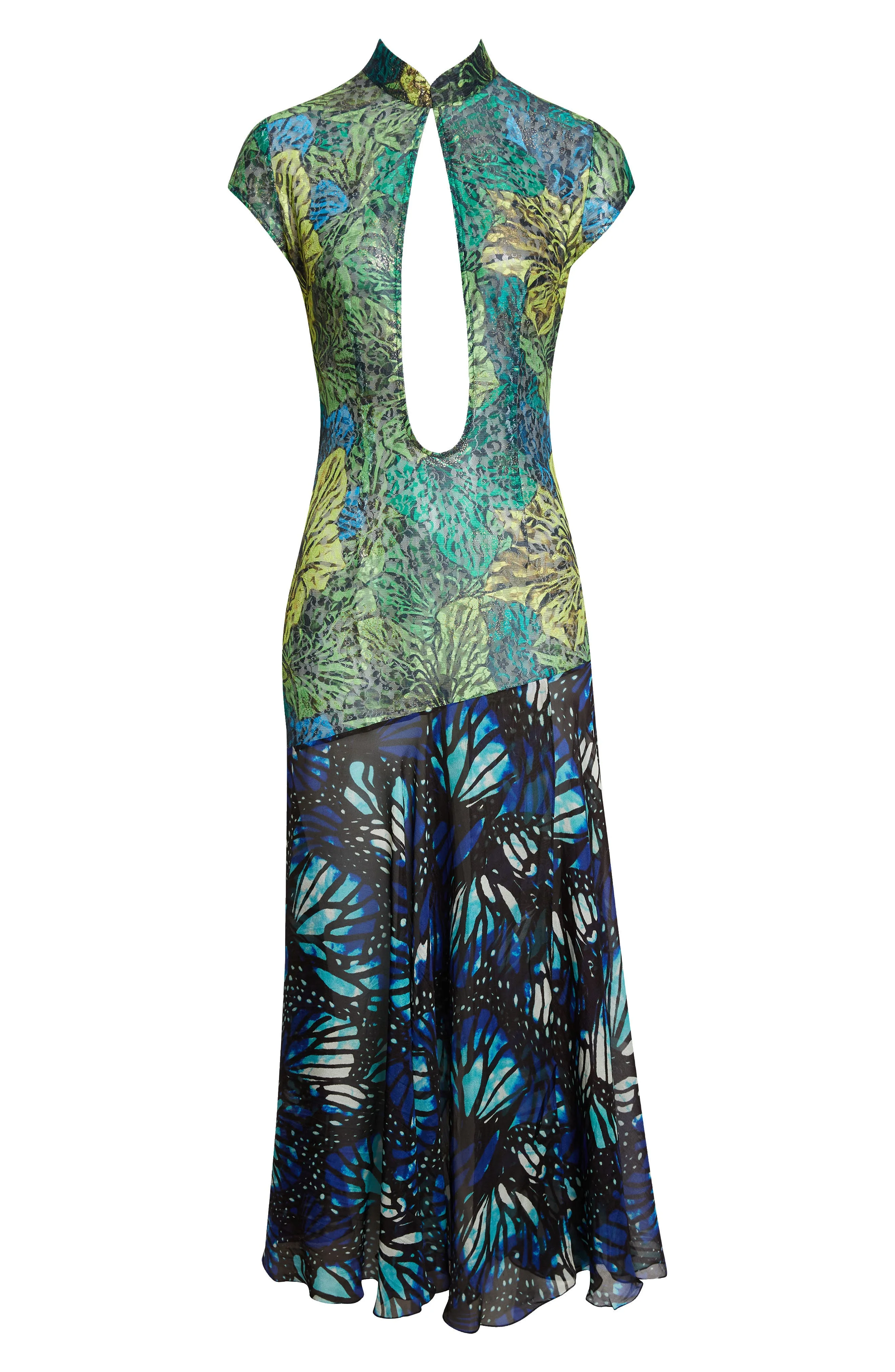 KIM SHUI Butterfly Print Lace & Silk Chiffon Plunge Neck Dress in Green at Nordstrom - 1
