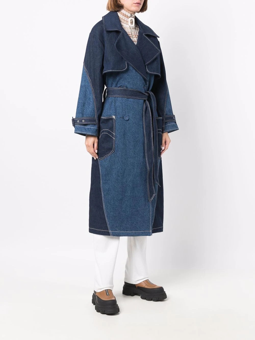 crystalline patchwork denim trench coat - 3