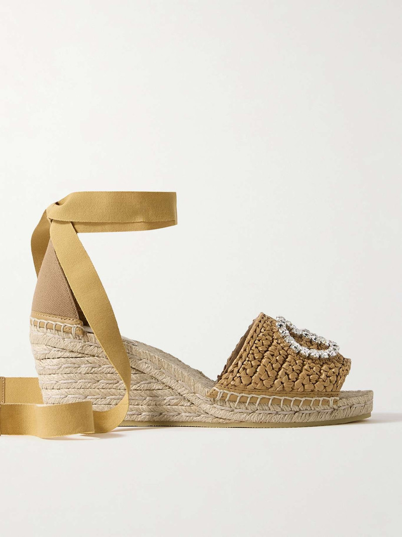 Cora crystal-embellished canvas and raffia espadrille wedge sandals - 1