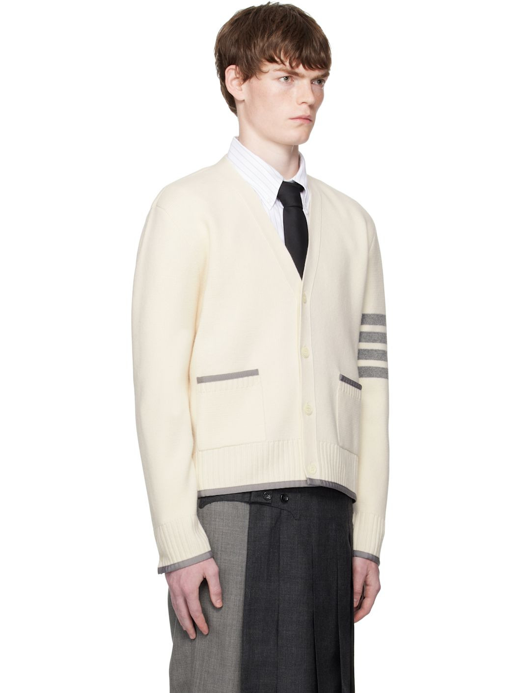 Off-White Milano Stitch Merino Wool 4-Bar V-Neck Cardigan - 2