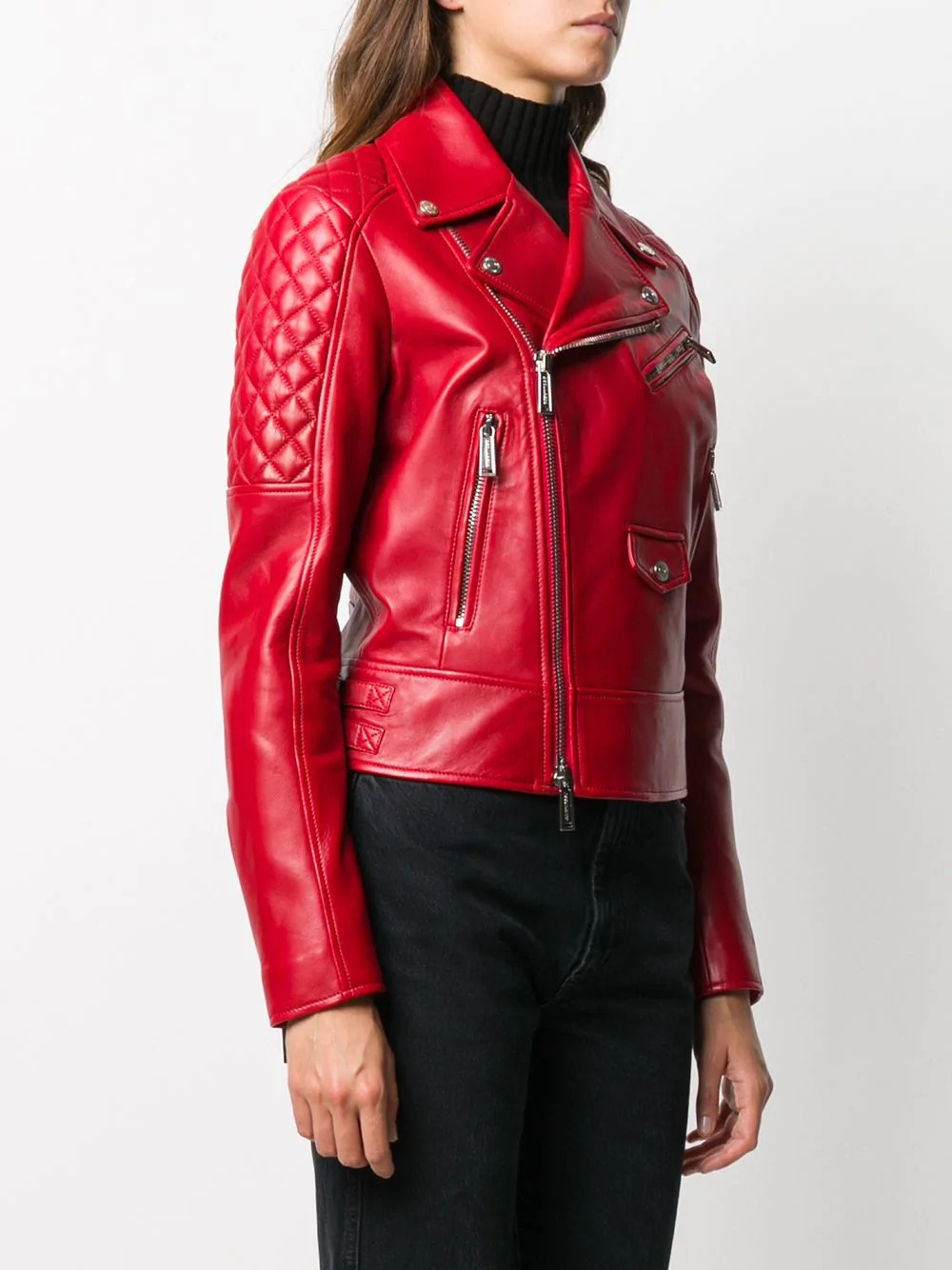 quilted detail zip-up leather jacket - 3