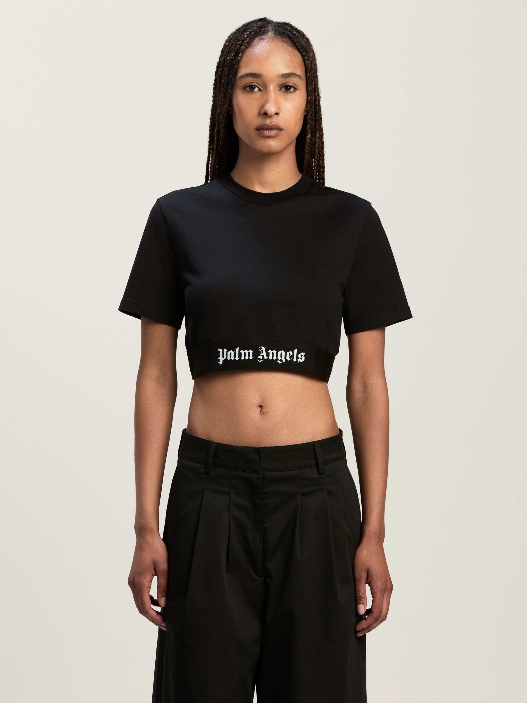 Tシャツ・カットソー PALM ANGELS CROPPED TOP IN TECHNICAL FABRIC WITH LOGO SEASONAL LOGO CROPPED TEE BLACK - OFF WH in BLACK - OFF