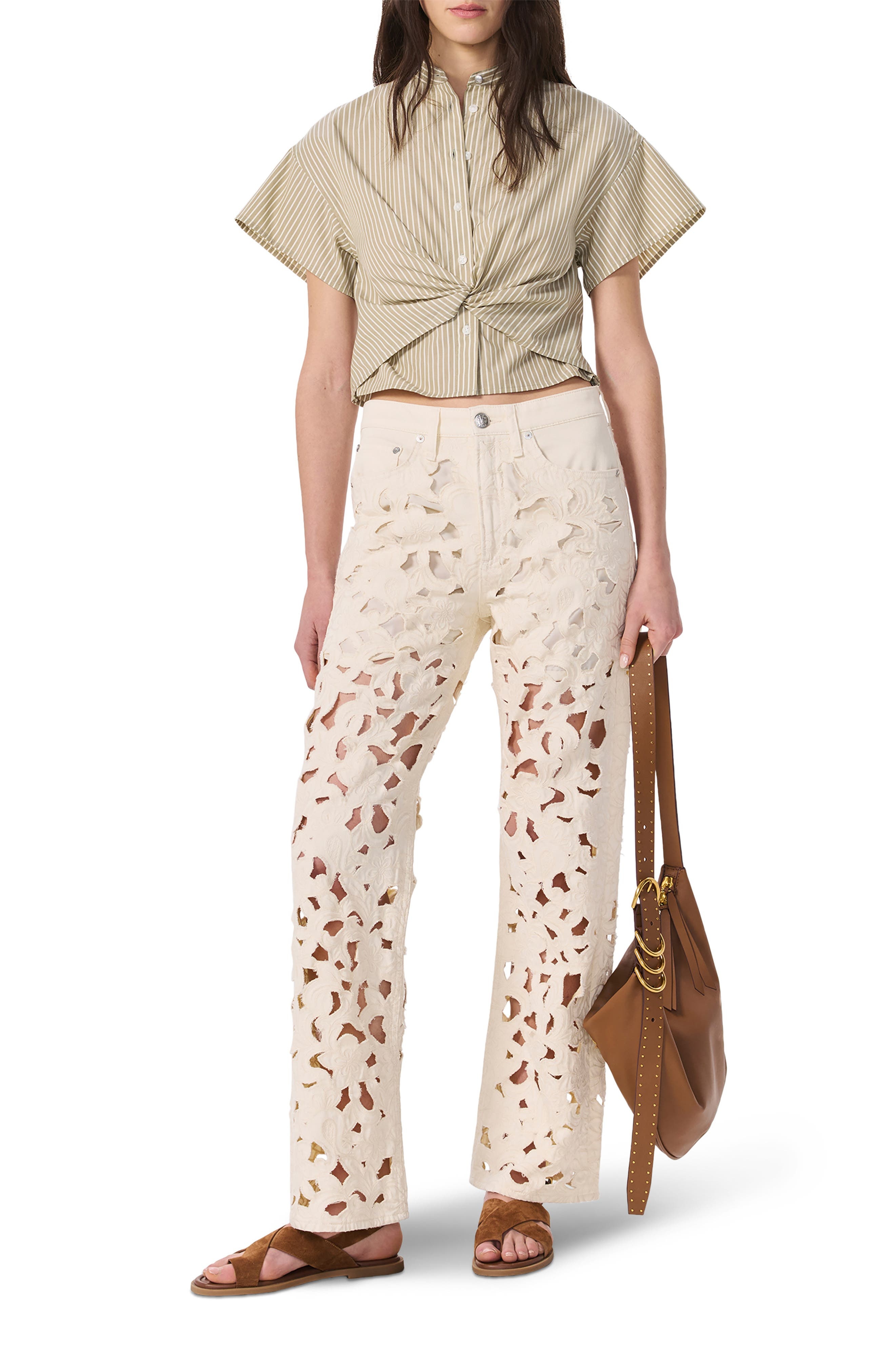 rag & bone Logan Floral Cutout Mid Rise Wide Leg Jeans in Ecru at Nordstrom - 7