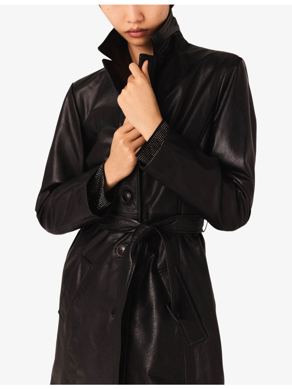 Long Belted-Waist Leather Trench Coat - 5