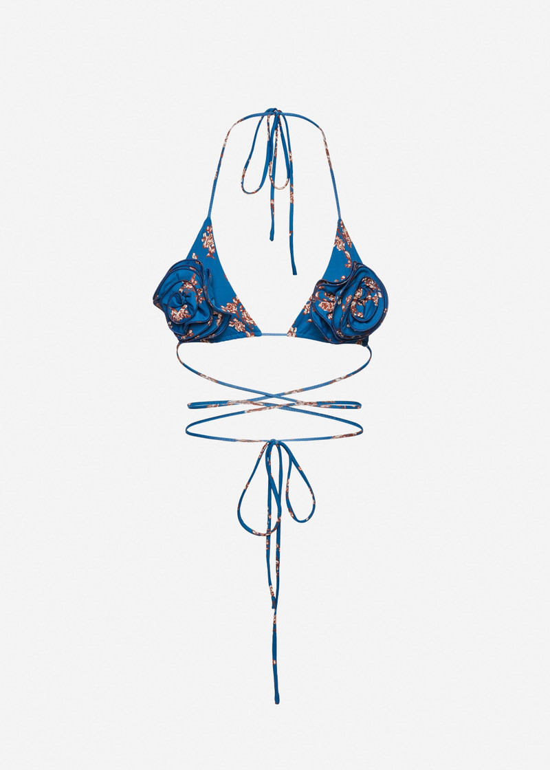Floral strappy triangle bikini top in blue floral print 1
