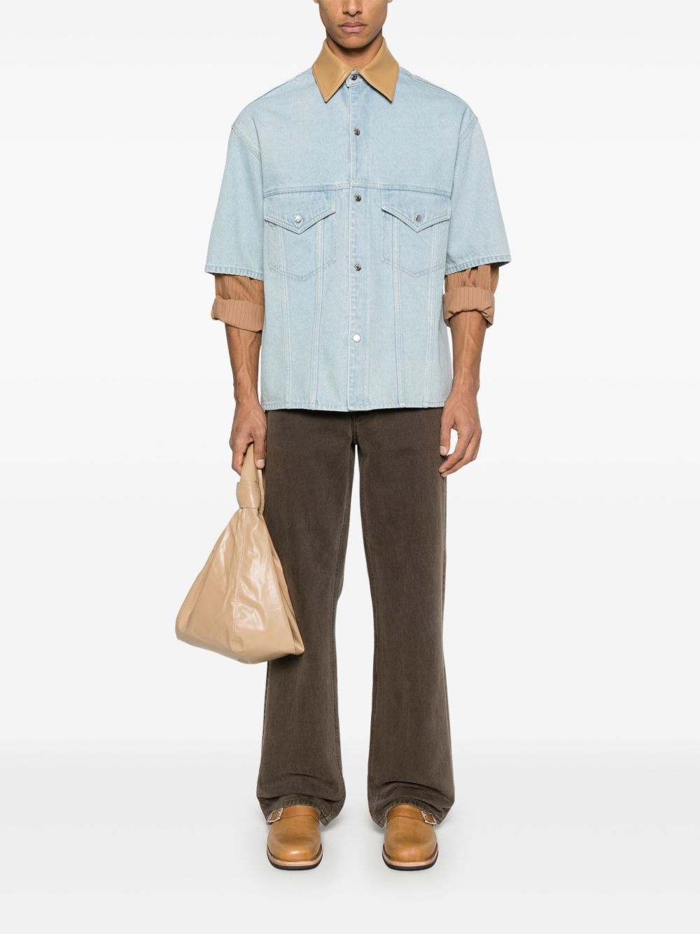 leather-collar denim shirt - 2