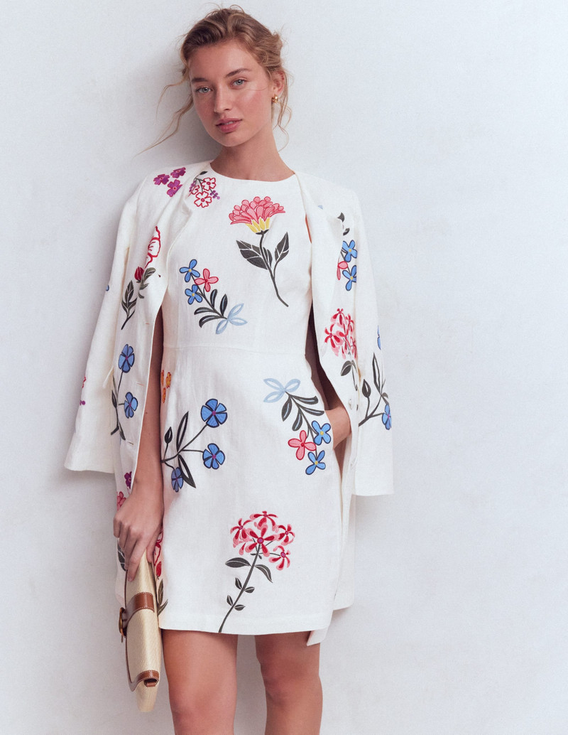 BODEN Occasion Short Linen Dress-White Embroidery outlook
