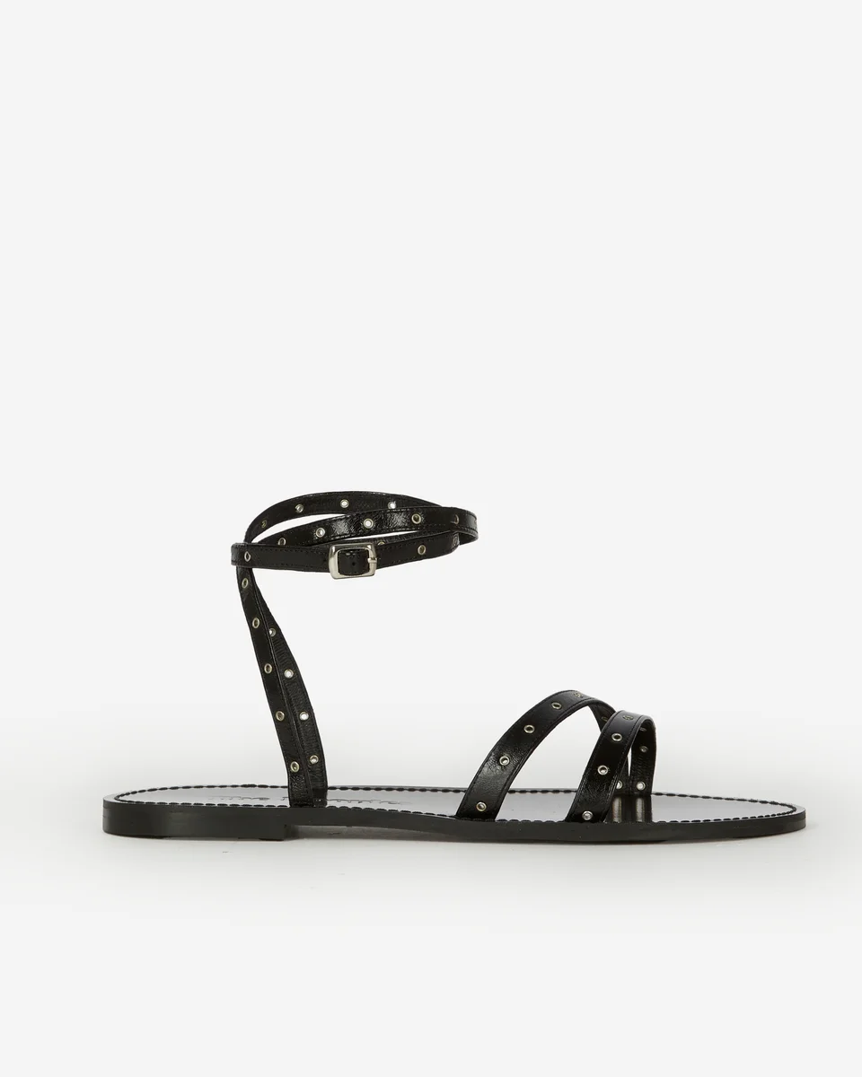 BLACK LEATHER FLAT SANDALS WITH EYELETS - 1