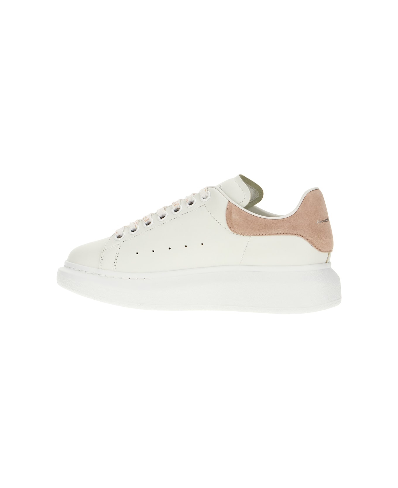 White Leather Sneakers With Pink Suede Heel - 3