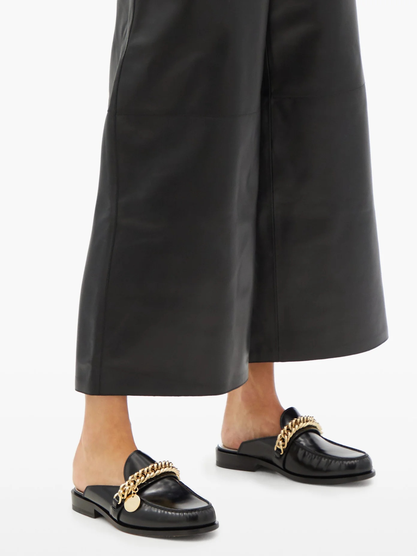 Chain-embellished leather backless loafers - 3