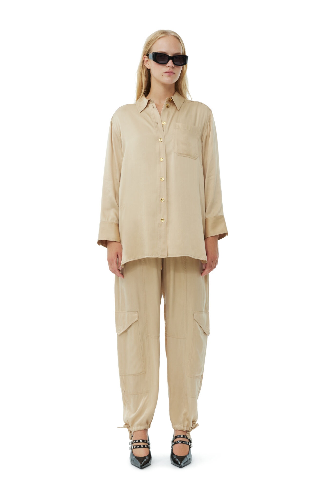 BEIGE WASHED SATIN SHIRT - 4