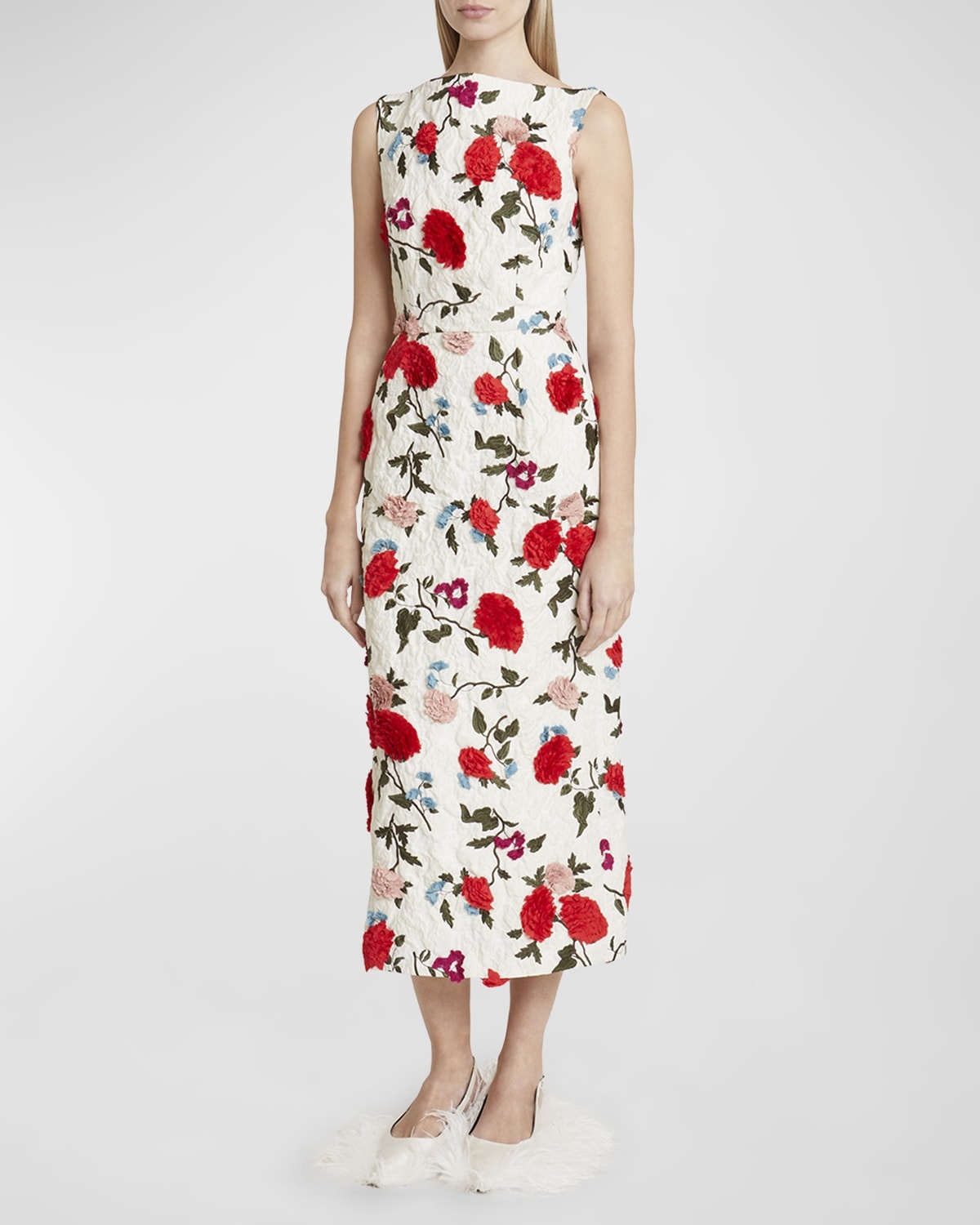 Boat-Neck Floral Embroidered Midi Dress - 3