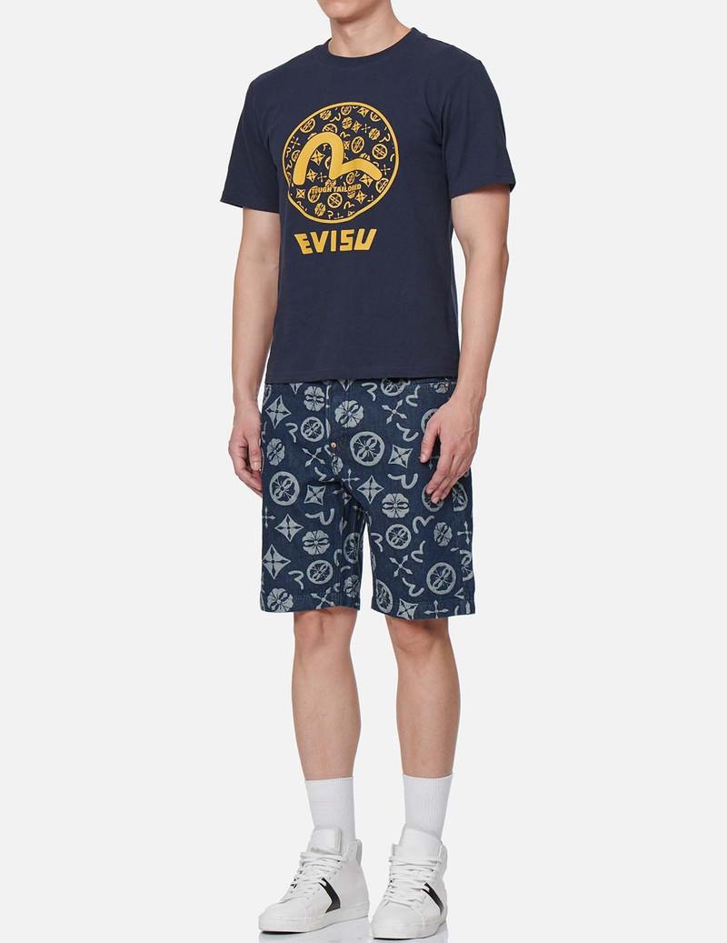 EVISU ALLOVER LOGO JACQUARD DENIM SHORTS outlook