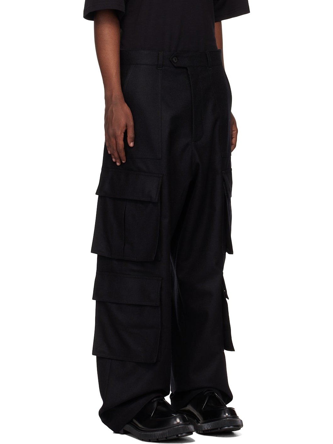 Black Flannel Wool Wide Leg Cargo Pants - 2