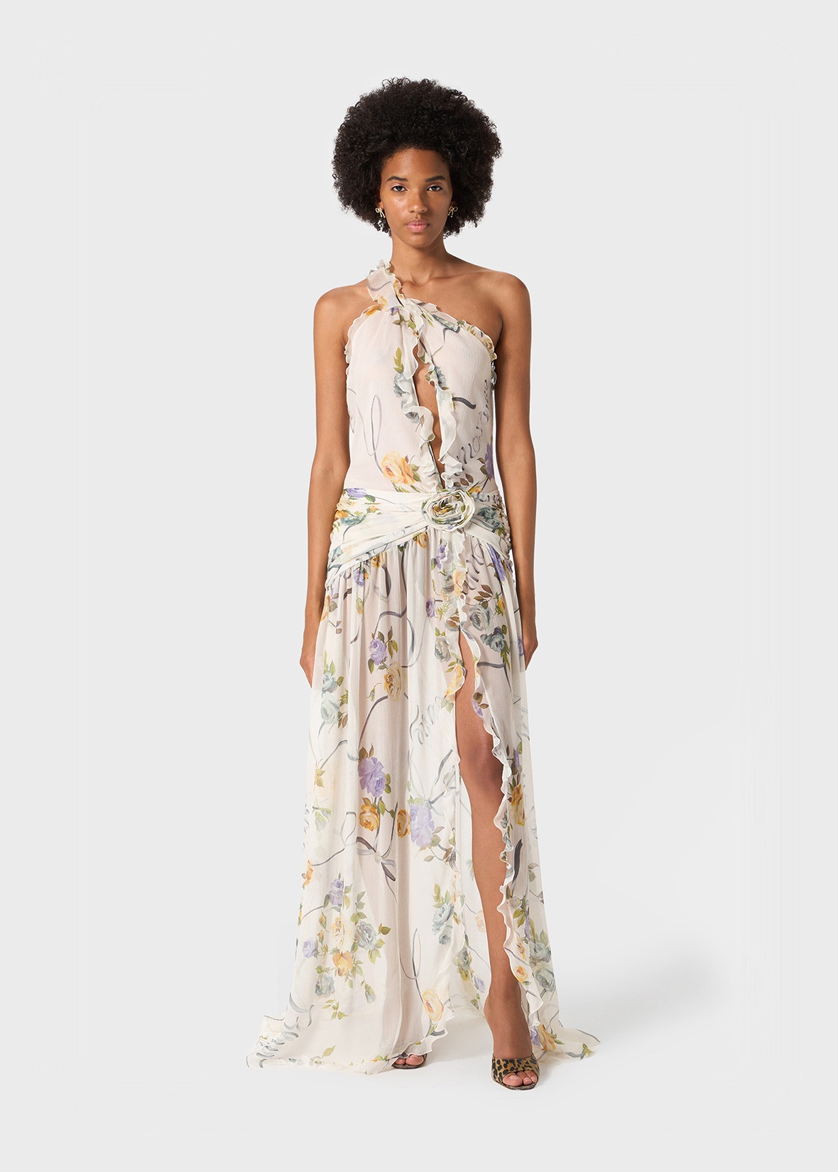 ONE-SHOULDER DRESS IN CREPONNE WITH RUFFLED ROSE DECORATION - 2