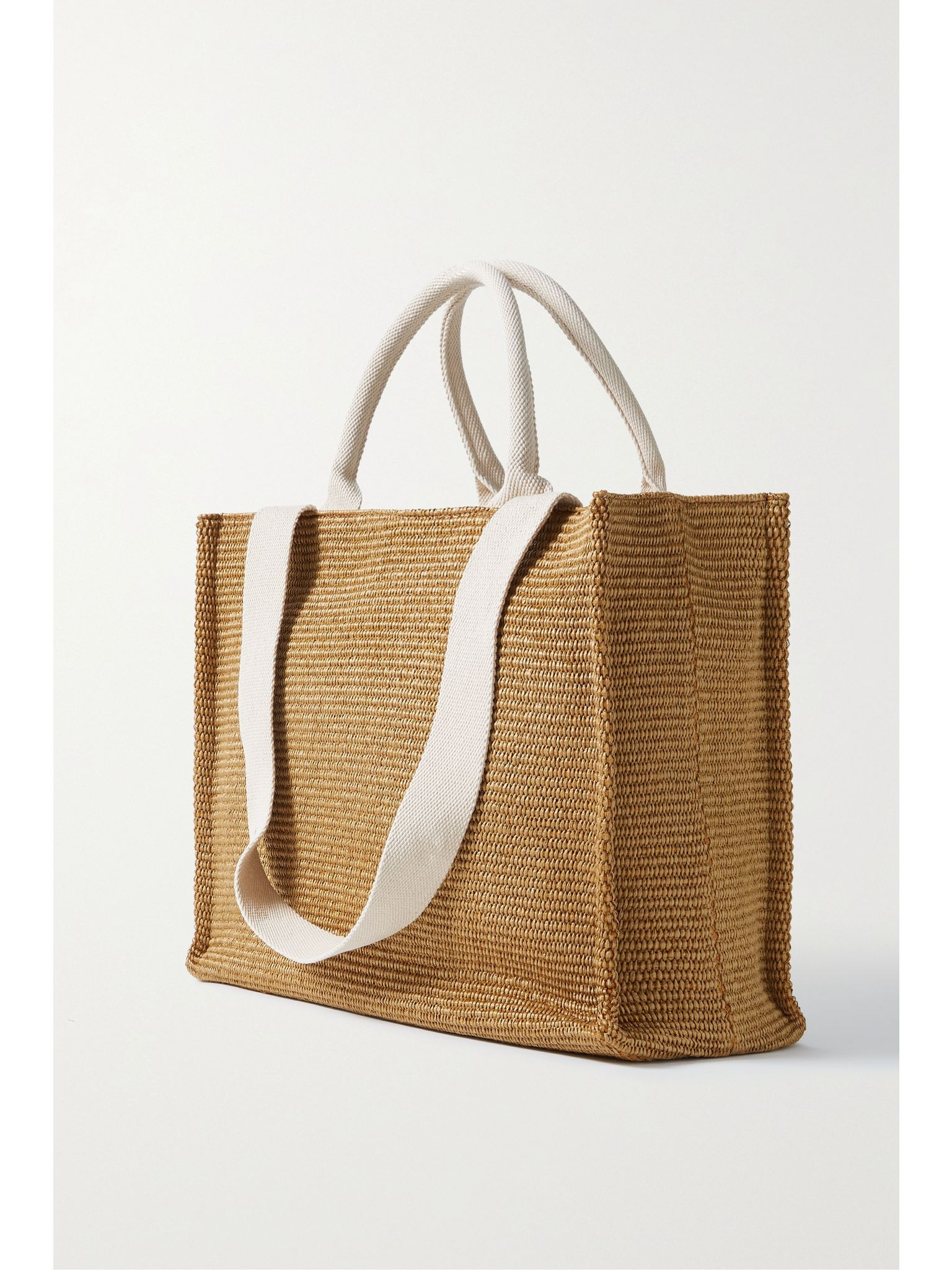 Large canvas-trimmed embroidered raffia tote Beige - 3