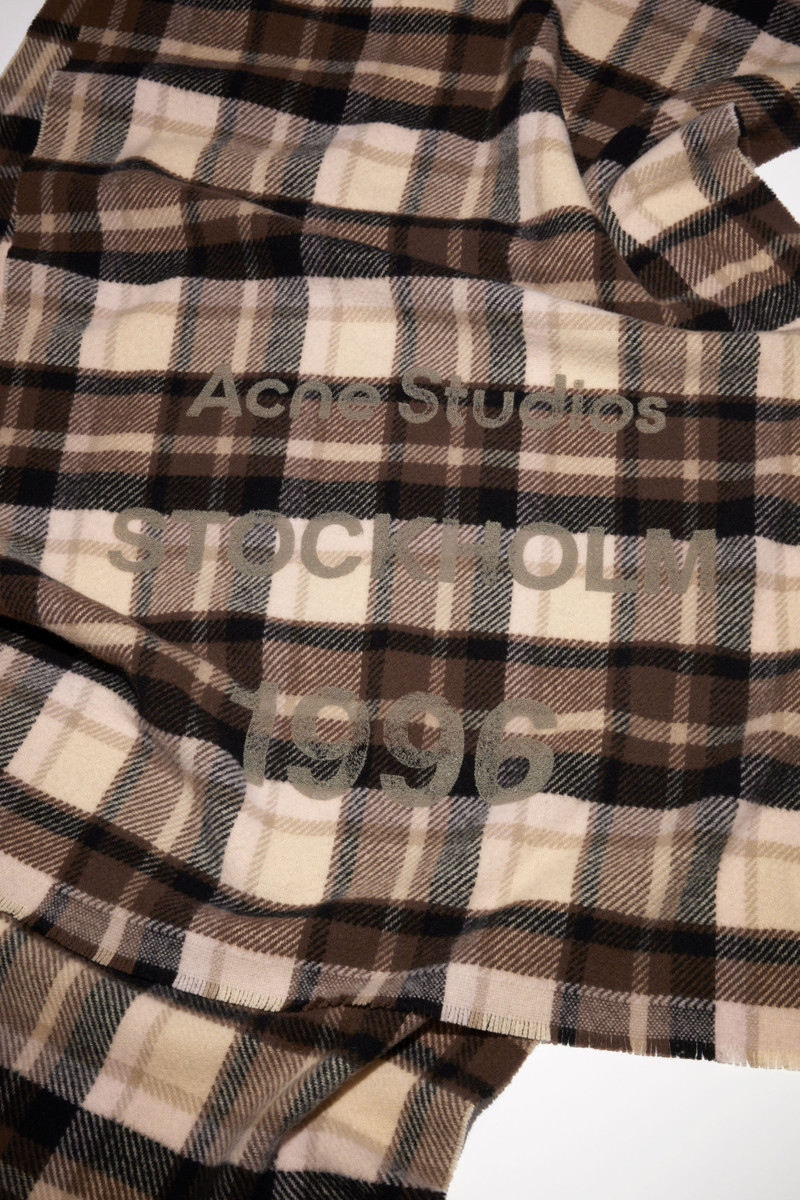 Wool logo print checked scarf - Brown/beige 4