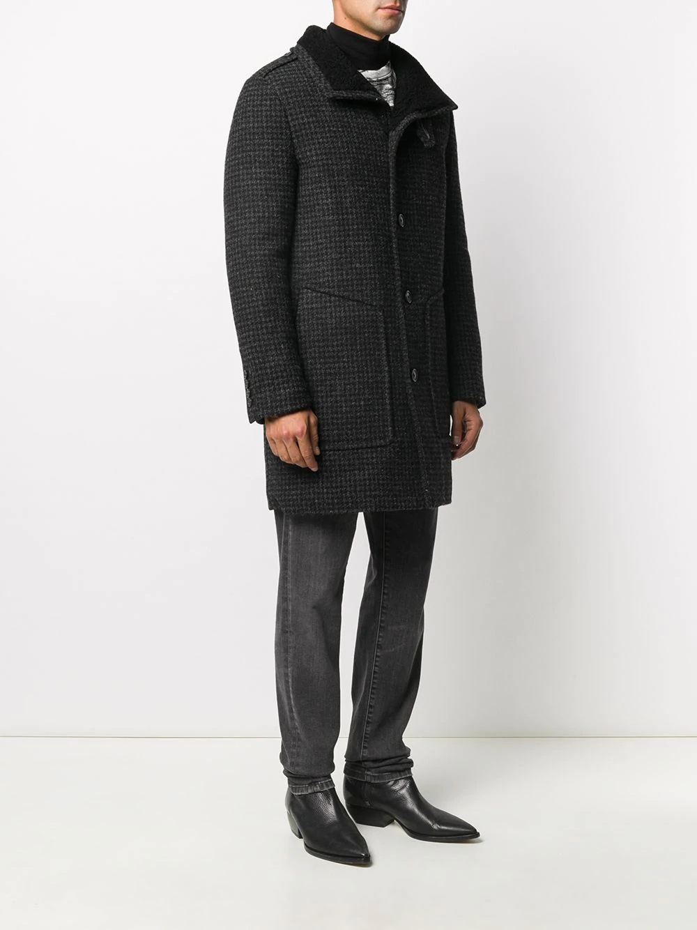 shearling-collar check wool coat - 3