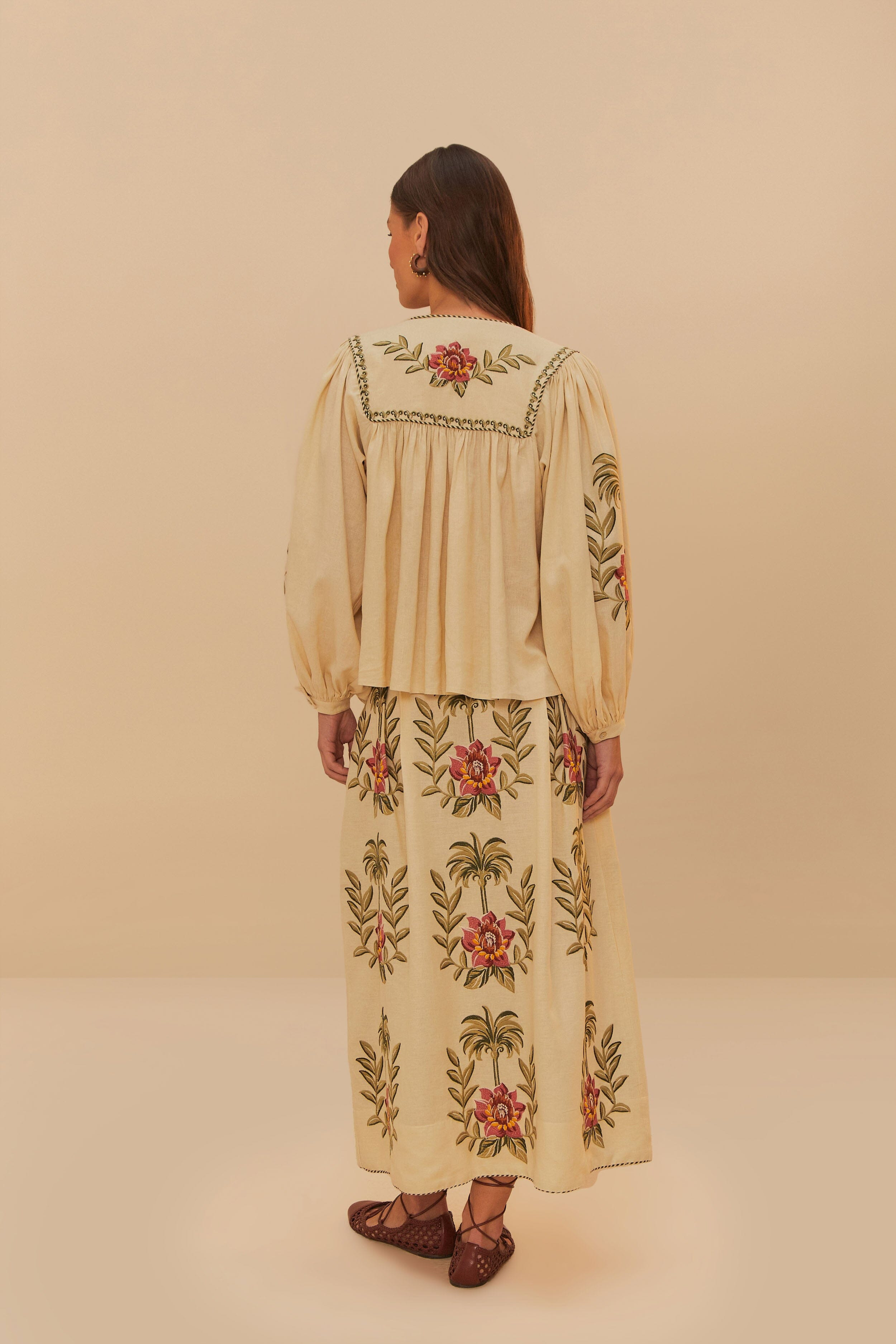 Sand Tropical Flower Embroidered Lenzing™ Ecovero™ Euroflax™ Maxi Skirt - 5