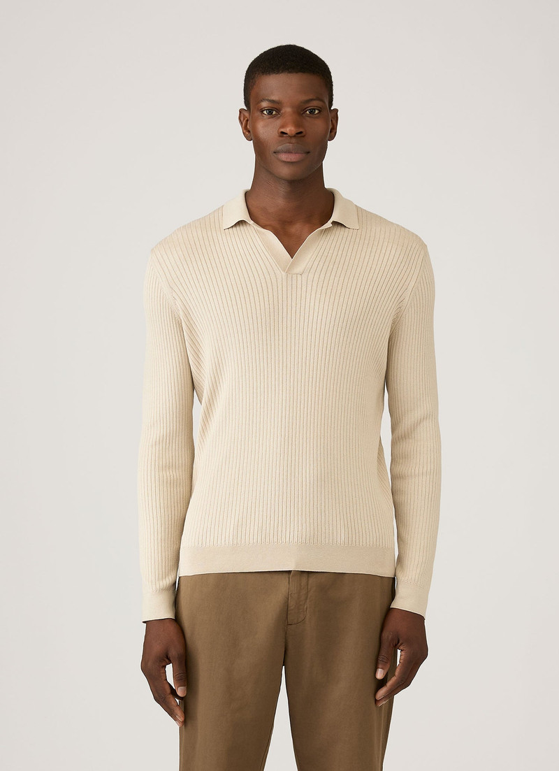 Long Sleeve Fine Rib Silk Cotton Polo Shirt 2