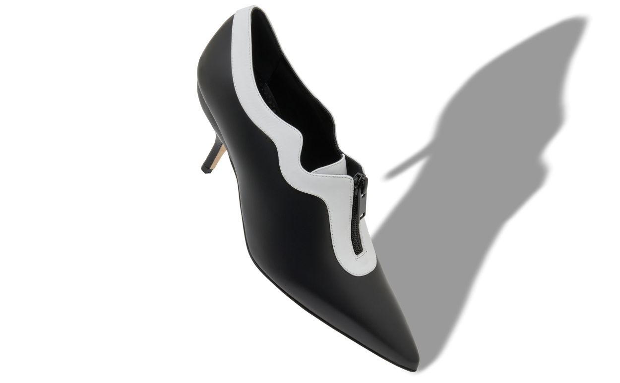 Black and White Calf Leather Zip Detail Pumps - 2