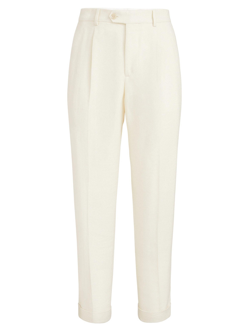 Men's Silk, Linen and Wool Hopsack Pleated Trousers - Off White 1
