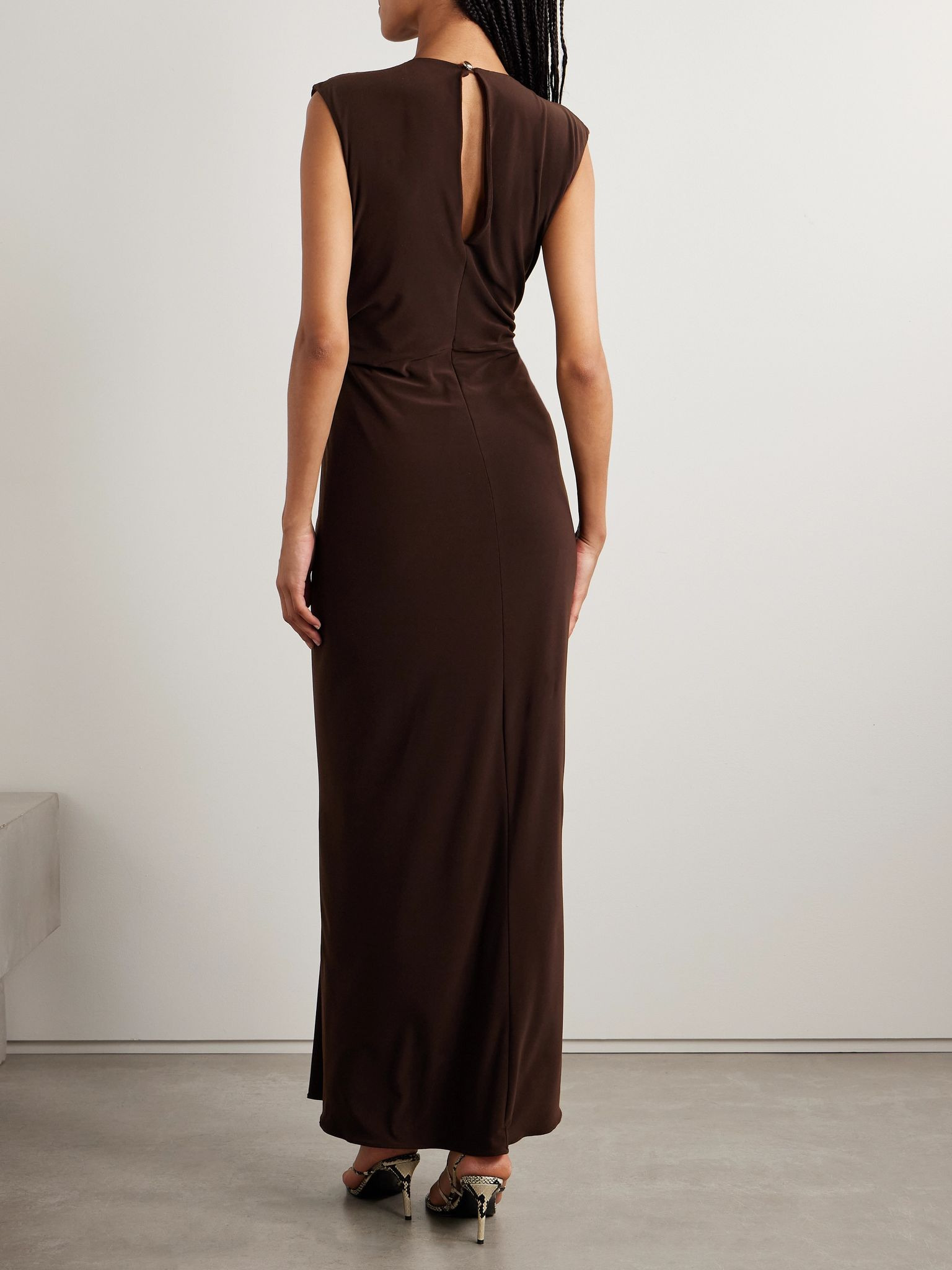 The Serena embellished gathered stretch-jersey gown Dark brown - 3