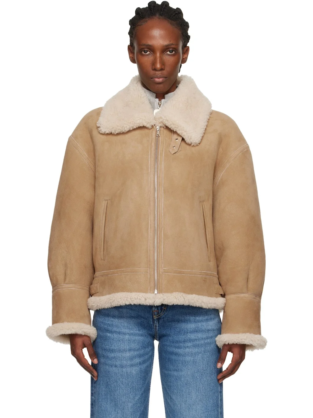Tan Portia Modern Shearling Aviator Jacket - 1