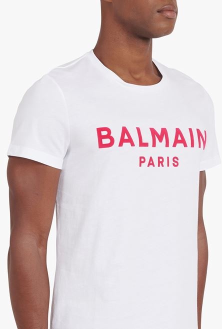 White cotton T-shirt with flocked fuchsia Balmain logo - 6