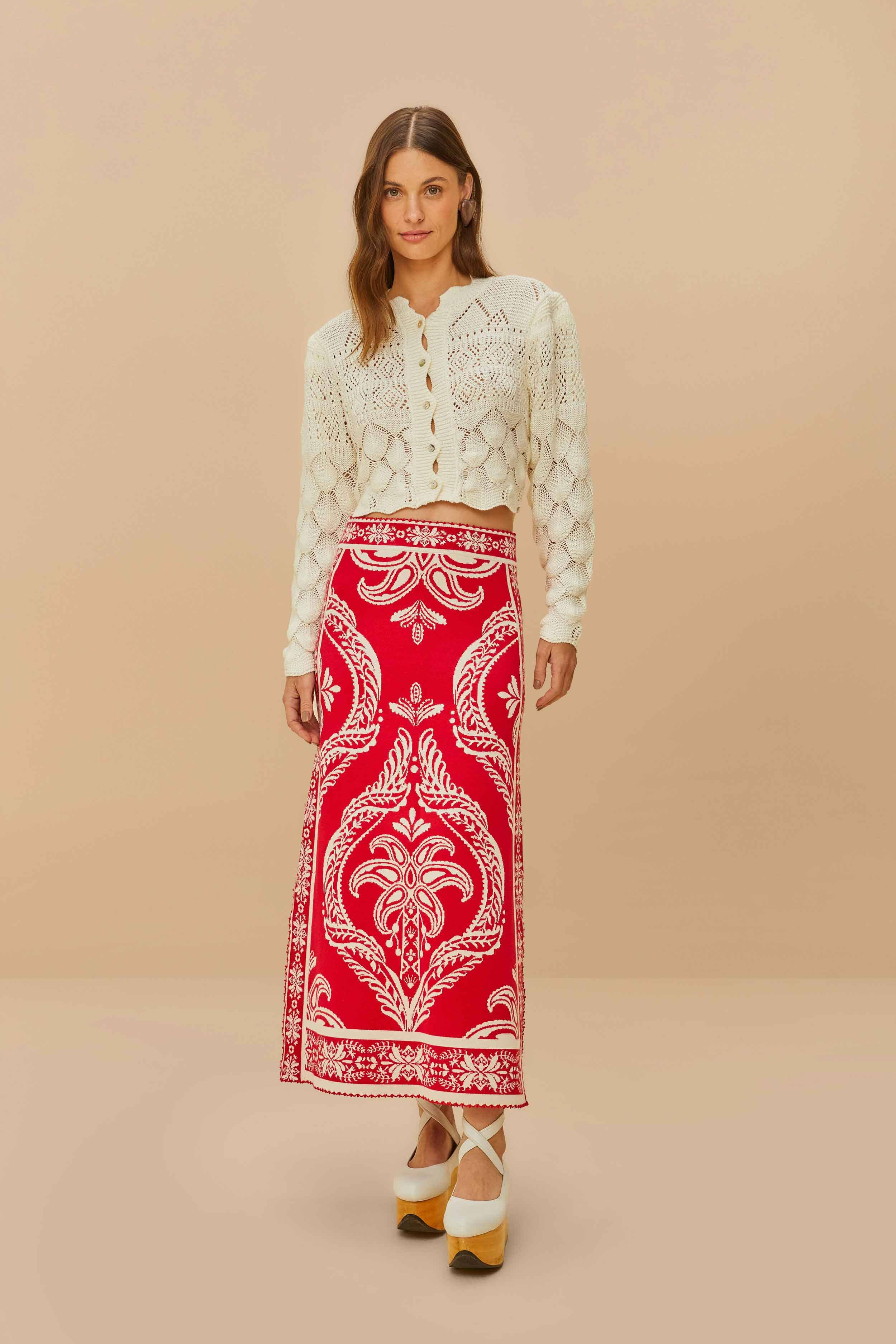 Red Tropical Jacquard Knit Skirt - 1