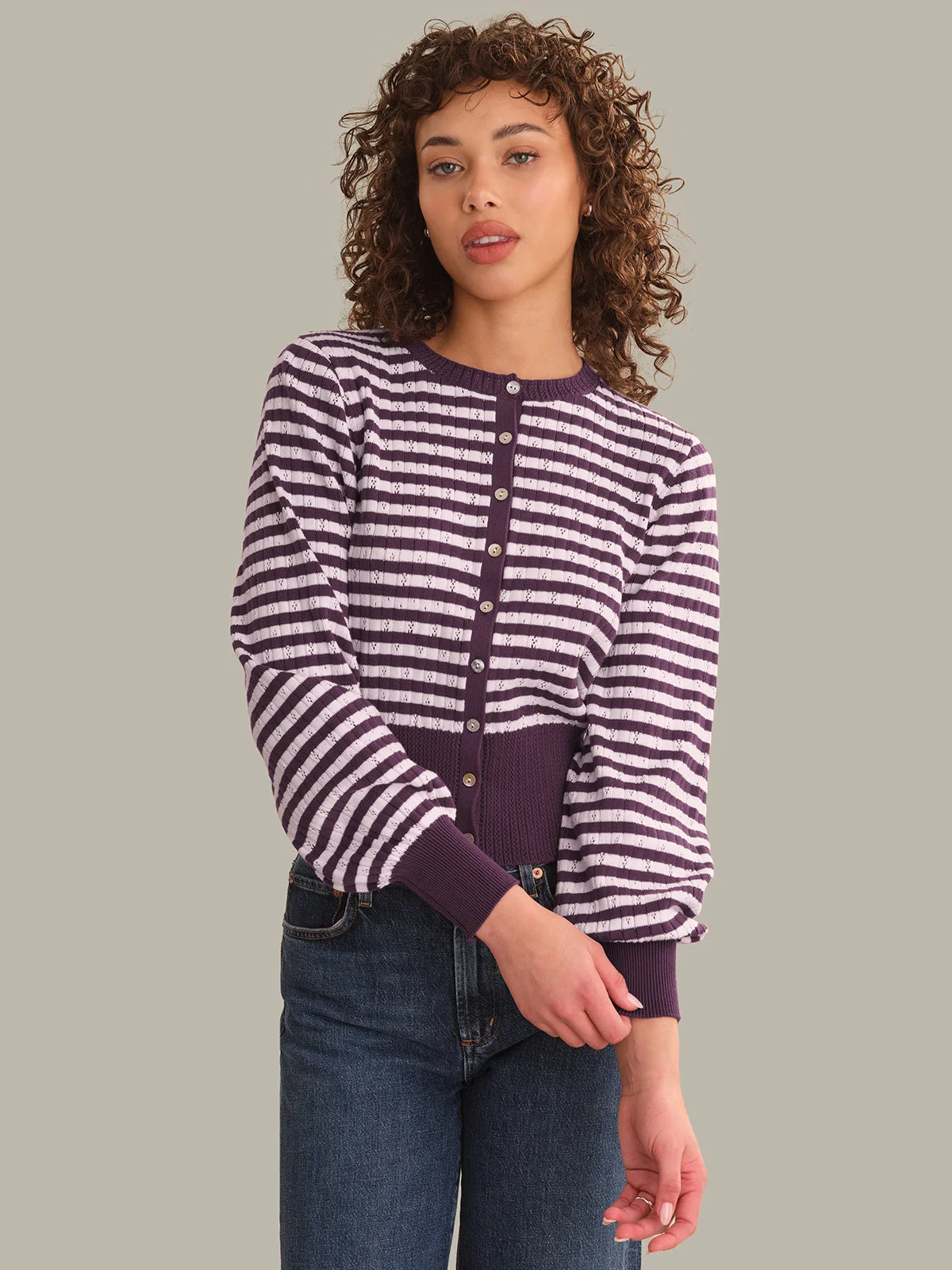Beckett Striped Pointelle Blouson Sleeve High Rib Cardigan - 1